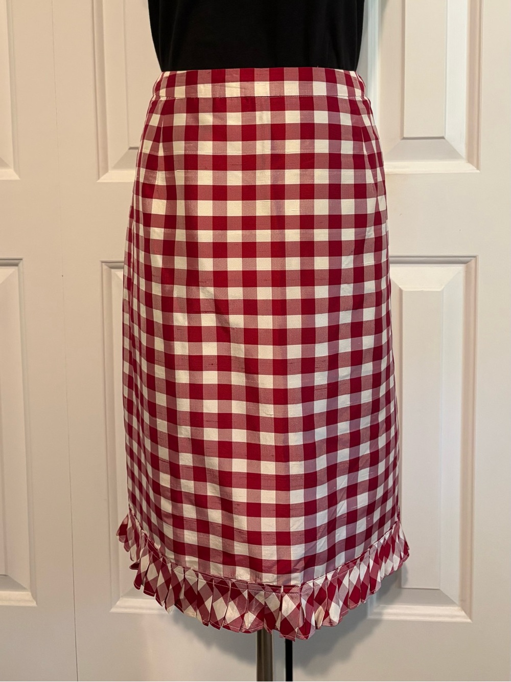 INC Classic 100% Silk Red Gingham Midi Skirt with Decorative Pleated Hem
